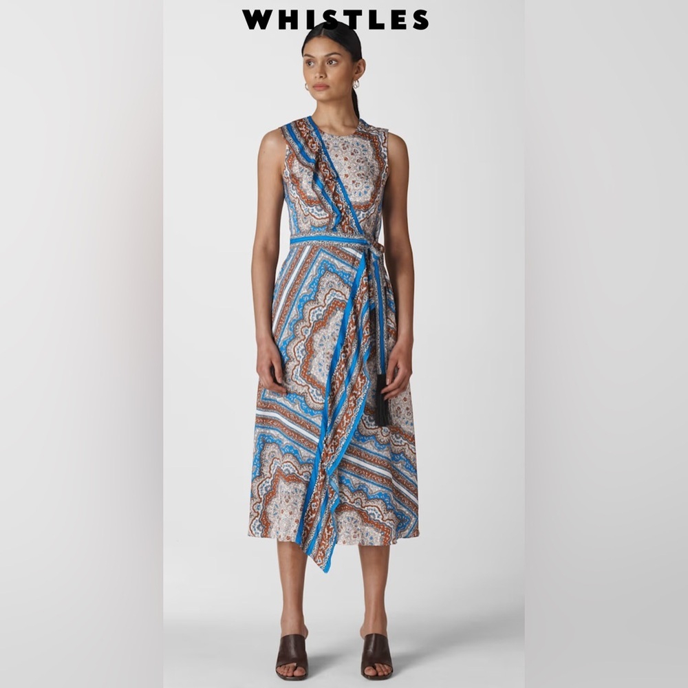 Whistles Paisley Print Asymmetric Belted Midi Dress Blue Brown Size US 4